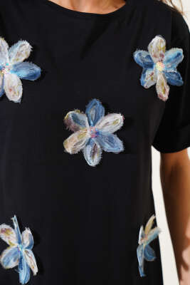 Duble Kol Tül Çiçekli T-shirt Siyah - Thumbnail