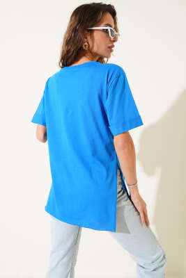 Duble Kol Tül Çiçekli T-shirt Saks - Thumbnail