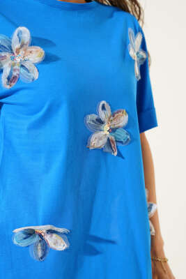 Duble Kol Tül Çiçekli T-shirt Saks - Thumbnail