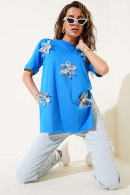 Duble Kol Tül Çiçekli T-shirt Saks - Thumbnail