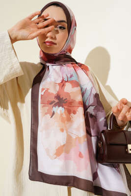Pazarium - Ebruli Çiçek Desen Soft Şal Kestane