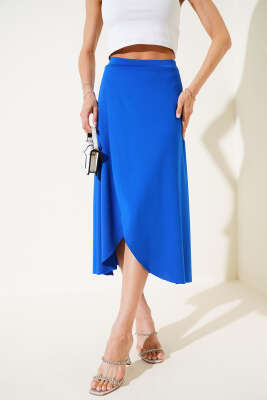 Pazarium - Önü Kapaklı Sandy Midi Etek Saks