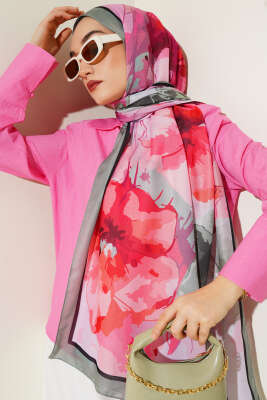 Pazarium - Ebruli Çiçek Desen Soft Şal Çağla Yeşili