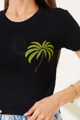 Palmiye Baskılı Crop Siyah - Thumbnail