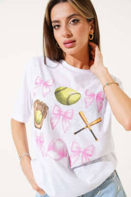 Pazarium - Beyzbol Baskılı T-shirt Beyaz