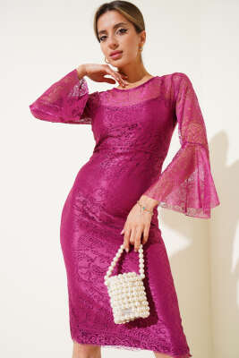 Pazarium - Astarlı Tül Elbise Mürdüm