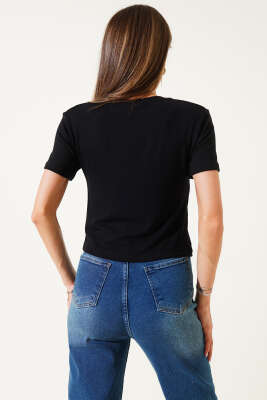 Deniz Yıldızı Baskılı Crop Siyah - Thumbnail