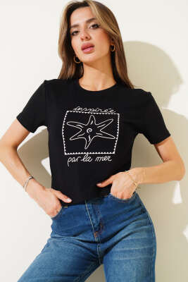 Deniz Yıldızı Baskılı Crop Siyah - Thumbnail