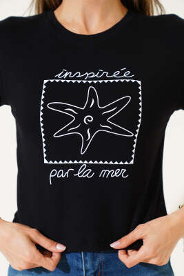 Deniz Yıldızı Baskılı Crop Siyah - Thumbnail