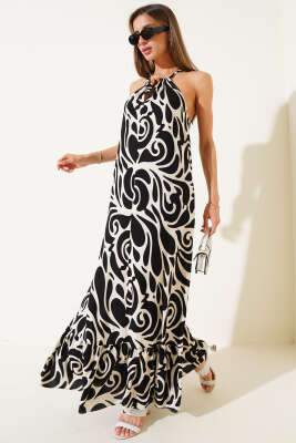 Pazarium - Desenli İp Askılı Elbise Siyah