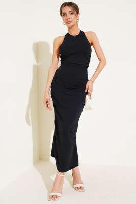 Pazarium - Bel Düğüm Detaylı Yırtmaçlı Elbise Siyah