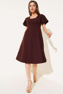 Pazarium - Kare Yaka Midi Elbise Kahve