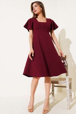 Pazarium - Kare Yaka Midi Elbise Bordo