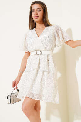 Puantiyeli Kemerli Kat Mini Şifon Elbise Beyaz - Thumbnail