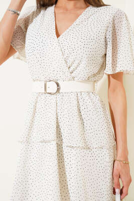 Puantiyeli Kemerli Kat Mini Şifon Elbise Beyaz - Thumbnail