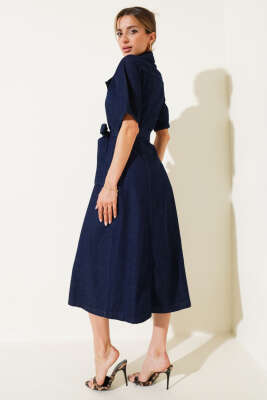 Çırçıt Düğmeli Kısa Kol Kot Midi Elbise Lacivert - Thumbnail