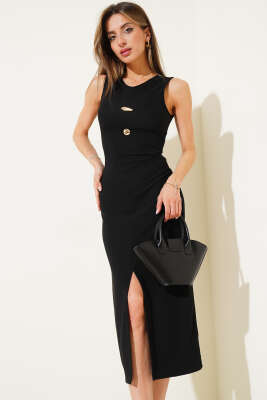 Pazarium - Sıfır Kol Yırtmaçlı Kaşkorse Elbise Siyah