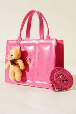 Ayıcıklı Dikişli Kare Çanta Fuşya - Thumbnail