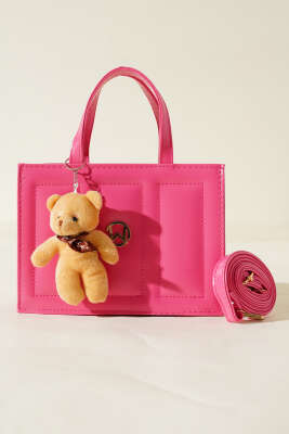 Ayıcıklı Dikişli Kare Çanta Fuşya - Thumbnail