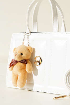 Ayıcıklı Dikişli Kare Çanta Beyaz - Thumbnail