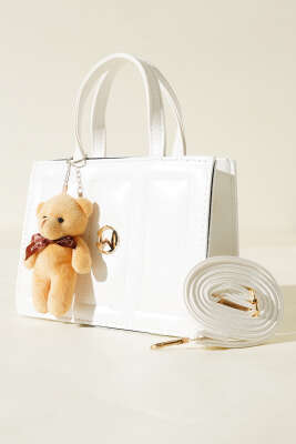 Ayıcıklı Dikişli Kare Çanta Beyaz - Thumbnail