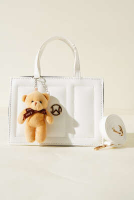 Ayıcıklı Dikişli Kare Çanta Beyaz - Thumbnail