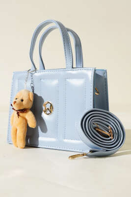 Ayıcıklı Dikişli Kare Çanta Bebe Mavi - Thumbnail