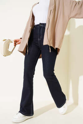 Pazarium - Dikişli İspanyol Paça Kot Pantolon Lacivert