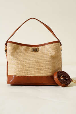 Hasır Görünümlü Çanta Taba - Thumbnail