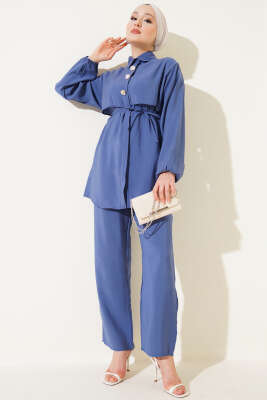 Pazarium - Bolerolu Gold Düğmeli İkili Takım İndigo