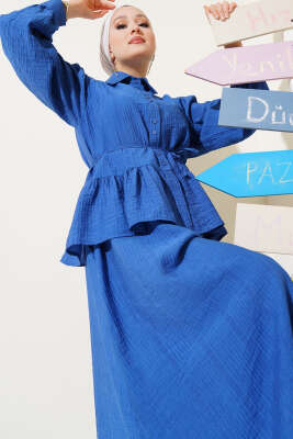 Pazarium - Fırfırlı İp Kuşaklı Etekli İkili Takım Mavi