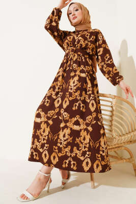 Pazarium - Bel Lastikli Kemerli Bürümcük Elbise Kahve