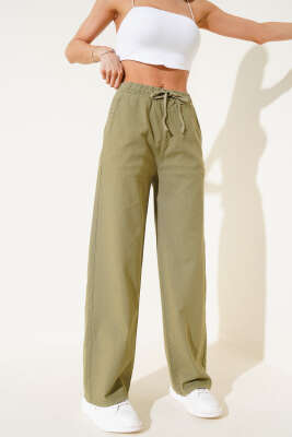 Pazarium - Beli Lastikli Geniş Paça Keten Pantolon Haki