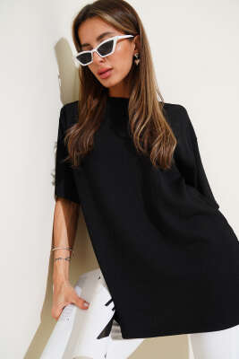 Pazarium - Bisiklet Yaka Bürümcük T-shirt Siyah