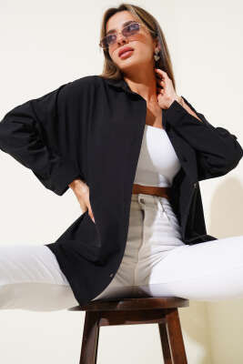 Pazarium - Oversize Kalıp Basic Gömlek Siyah