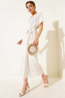 Pazarium - Kuşaklı Bel Lastikli Keten Midi Elbise Bej