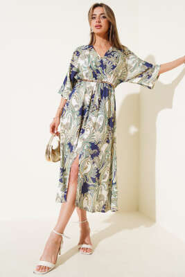 Pazarium - Bel Lastikli Etnik Desenli V Yaka Elbise Lacivert