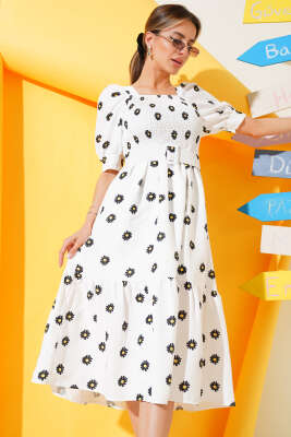 Pazarium - Papatyalı Gipeli Midi Elbise Beyaz