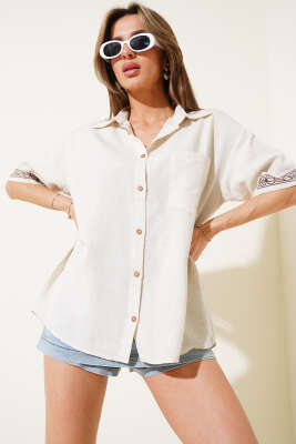 Kısa Kol Nakışlı Cepli Gömlek Taş - Thumbnail