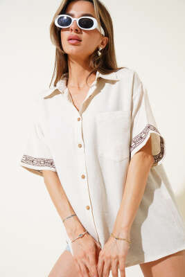 Pazarium - Kısa Kol Nakışlı Cepli Gömlek Taş