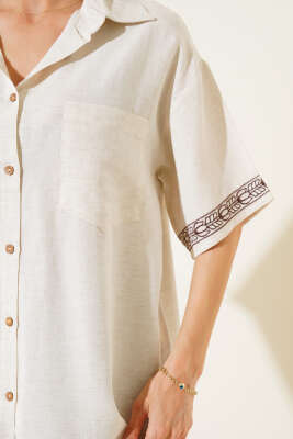 Kısa Kol Nakışlı Cepli Gömlek Taş - Thumbnail