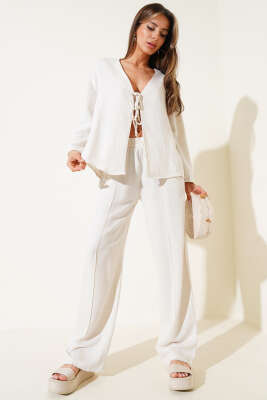 Pazarium - Önü İp Bağlamalı Kimono Takım Bej