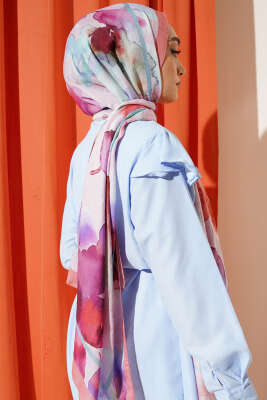 Çiçek Desenli Bambu Şal Somon - Thumbnail