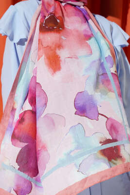 Çiçek Desenli Bambu Şal Somon - Thumbnail