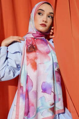 Çiçek Desenli Bambu Şal Somon - Thumbnail