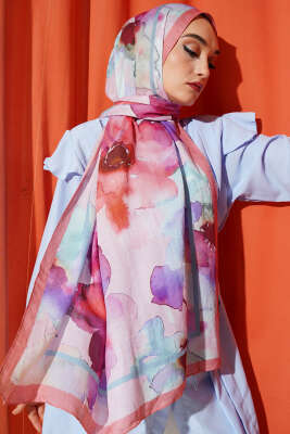 Çiçek Desenli Bambu Şal Somon - Thumbnail