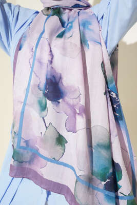 Çiçek Desenli Bambu Şal Lila - Thumbnail