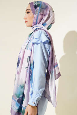 Çiçek Desenli Bambu Şal Lila - Thumbnail