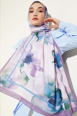 Çiçek Desenli Bambu Şal Lila - Thumbnail