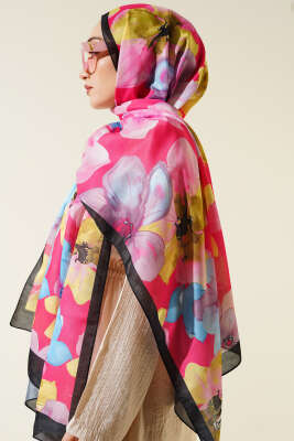 Menekşe Desen Şal Siyah Fuşya - Thumbnail